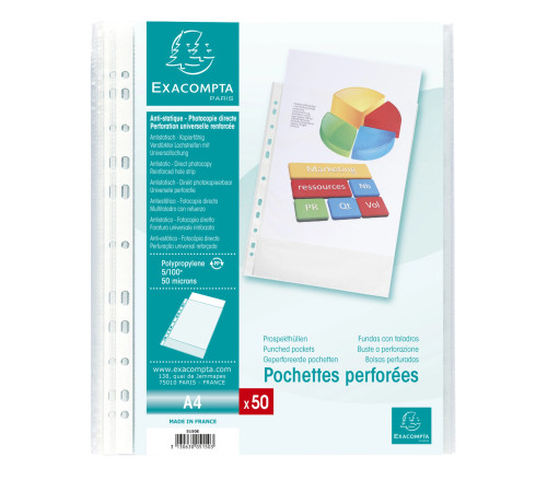 Sachet de 50 pochettes perforées polypropylène grainé 5/100e - A4