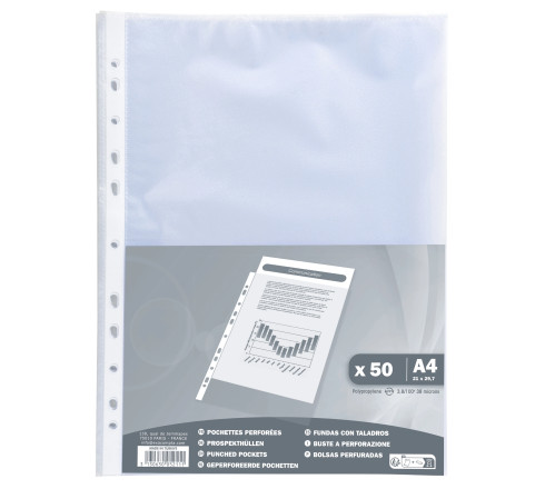 Sachet de 50 pochettes perforées polypropylène Grainé 38 microns - A4