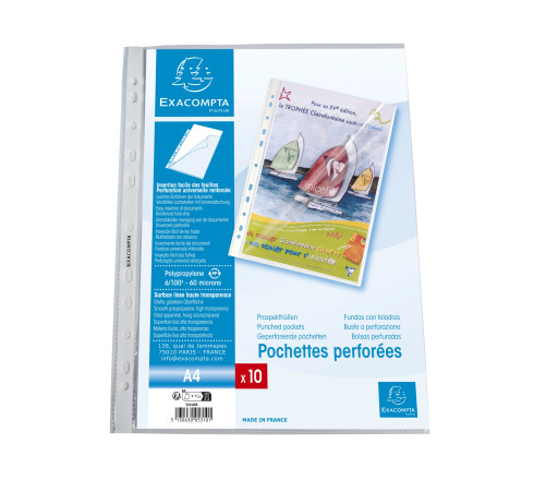 Sachet de 10 pochettes perforées ouverture haut et côté - polypropylène lisse 6/100e - A4