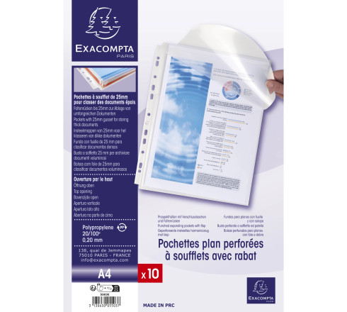 Sachet de 10 pochettes à soufflet avec rabat - polypropylène 20/100e - A4