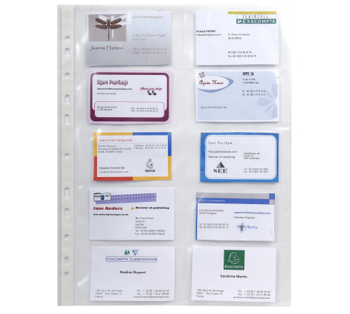 Sachet de 10 pochettes perforées pour cartes de visite 10 emplacements - polypropylène lisse 11/100e - A4