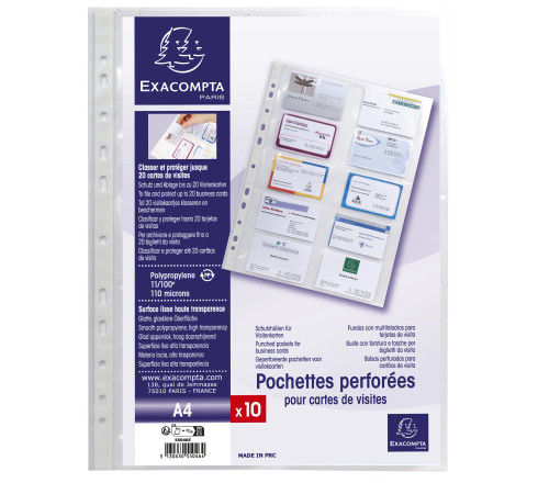 Sachet de 10 pochettes perforées pour cartes de visite 10 emplacements - polypropylène lisse 11/100e - A4