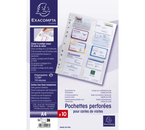 Sachet de 10 pochettes perforées pour cartes de visite 10 emplacements - polypropylène lisse 11/100e - A4