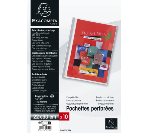 Sachet 10 Pochettes perforées PREMIUM polypropylène 140micron A4+