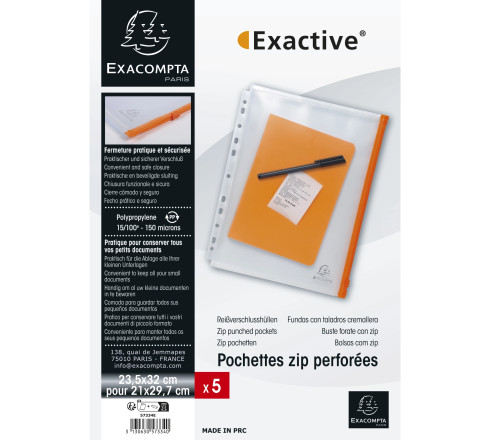 Sachet de 5 pochettes zip perforées polypropylène Exactive - A4