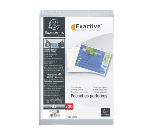 Sachet de 20 pochettes perforées horizontales Exactive - polypropylène lisse 5,5/100e