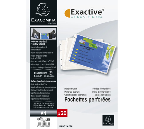 Sachet de 20 pochettes perforées horizontales Exactive - polypropylène lisse 5,5/100e