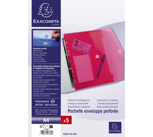 Sachet de 5 pochettes-enveloppes perforées polypropylène - A4