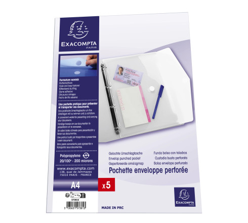 Sachet de 5 pochettes-enveloppes perforées polypropylène - A4