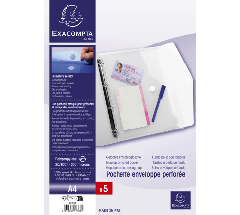 Sachet de 5 pochettes-enveloppes perforées polypropylène - A4