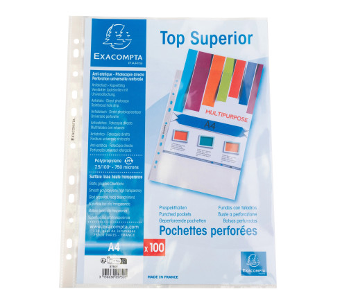 Sachet de 100 pochettes perforées polypropylène lisse Qualité + - A4