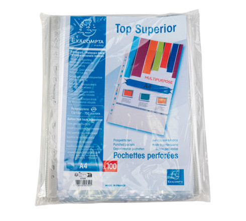 Sachet de 100 pochettes perforées polypropylène lisse Qualité + - A4