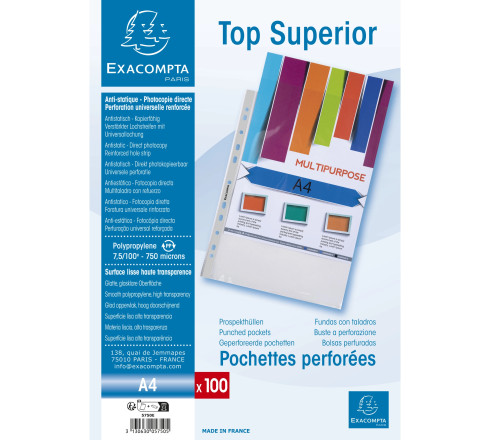 Sachet de 100 pochettes perforées polypropylène lisse Qualité + - A4