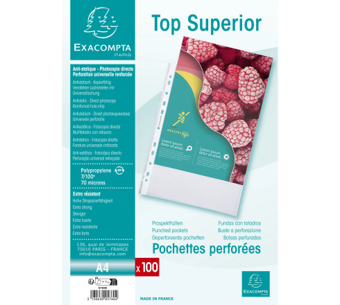 Sachet de 100 pochettes perforées polypropylène grainé Qualité + - A4