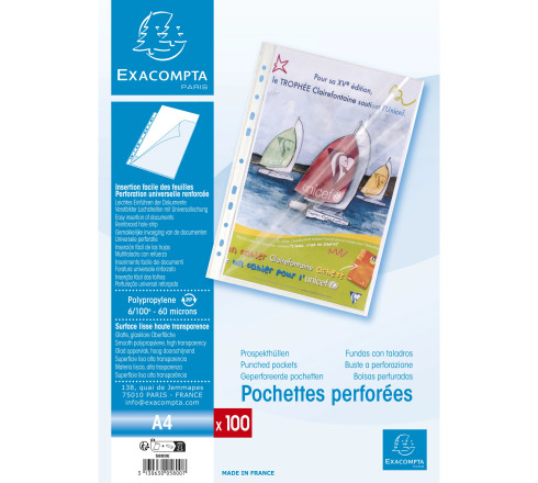 Etui carton de 100 pochettes perforées ouverture haut et côté - polypropylène lisse 6/100e - A4