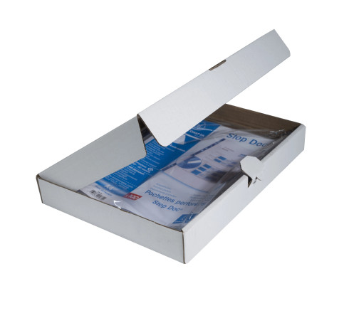 Etui carton de 100 pochettes perforées Stop doc ouverture en coin - polypropylène lisse 6/100e - A4
