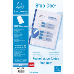 Etui carton de 100 pochettes perforées Stop doc ouverture en coin - polypropylène lisse 6/100e - A4