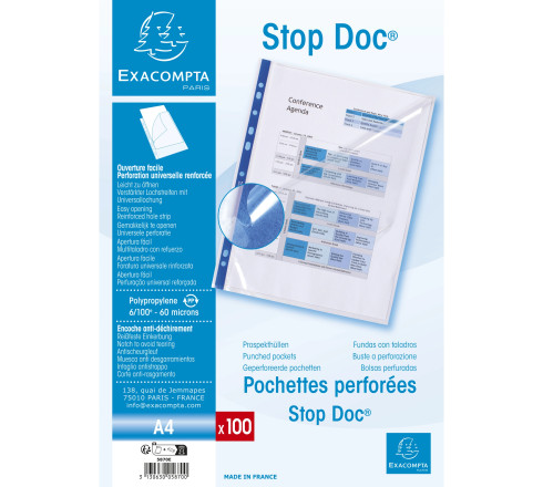 Etui carton de 100 pochettes perforées Stop doc ouverture en coin - polypropylène lisse 6/100e - A4
