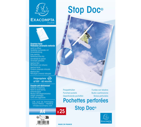 Sachet de 25 pochettes perforées Stop doc ouverture en coin - polypropylène lisse 6/100e - A4