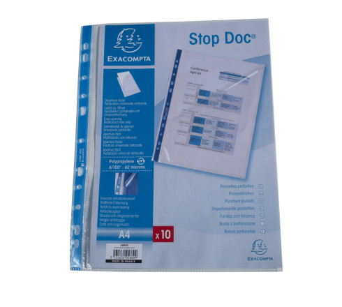 Sachet de 10 pochettes perforées Stop doc ouverture en coin - polypropylène lisse 6/100e - A4