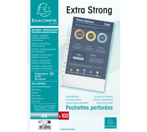 Sachet de 100 pochetttes perforées Polypropylène Premium grainé 8/100e - A4