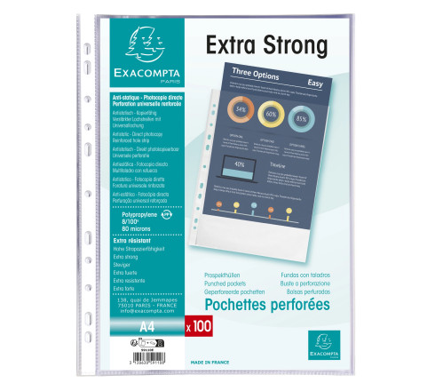 Sachet de 100 pochetttes perforées Polypropylène Premium grainé 8/100e - A4