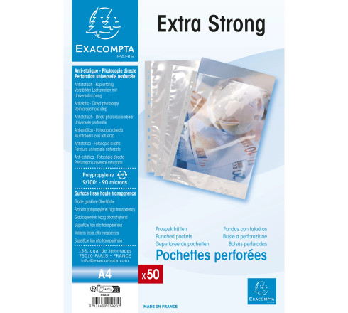 Sachet de 50 pochettes perforées polypropylène lisse Haute qualité 9/100e - A4