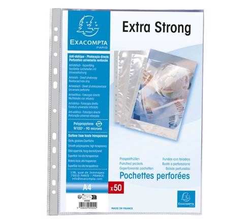 Sachet de 50 pochettes perforées polypropylène lisse Haute qualité 9/100e - A4