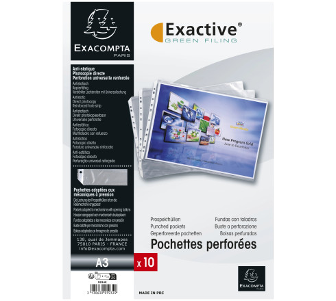 Sachet de 10 pochettes perforées biseautées pour classeur Exactive - polypropylène lisse 5,5/100 - A3
