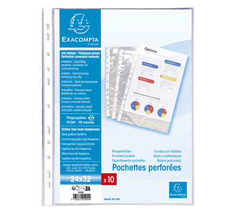 Sachet de 10 pochettes perforées polypropylène lisse haute qualité 9/100e - 24x32cm vertical