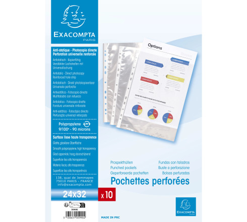 Sachet de 10 pochettes perforées polypropylène lisse haute qualité 9/100e - 24x32cm vertical