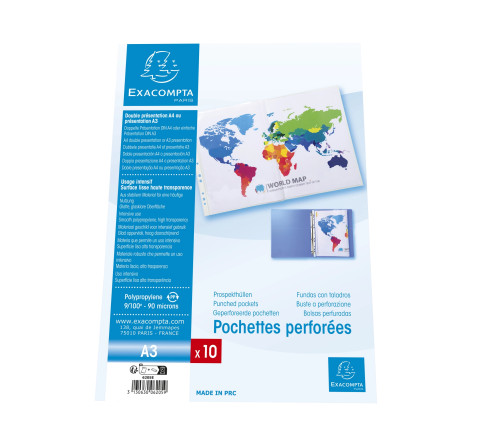 Sachet 10 pochettes perforées polypropylène lisse A3 pliées