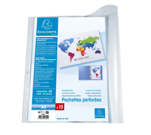 Sachet 10 pochettes perforées polypropylène lisse A3 pliées