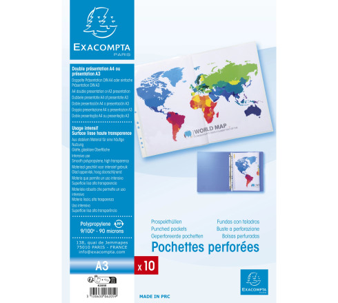 Sachet 10 pochettes perforées polypropylène lisse A3 pliées