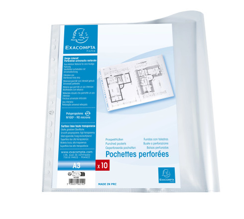 Sachet de 10 pochettes perforées polypropylène lisse Haute Qualité 9/100e - A3 horizontal