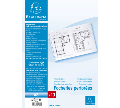 Sachet de 10 pochettes perforées polypropylène lisse Haute Qualité 9/100e - A3 horizontal