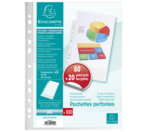 Sachet de 100 pochettes perforées PP grainé 50 microns livré en demi box palette- A4