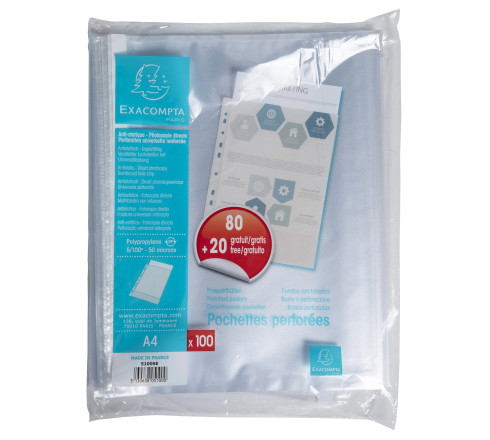 Sachet de 100 pochettes perforées PP grainé 50 microns livré en demi box palette- A4