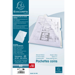 Sachet de 10 pochettes coin polypropylène rigide haute résistance 20/100e - A3 vertical