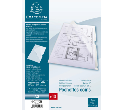 Sachet de 10 pochettes coin polypropylène rigide haute résistance 20/100e - A3 vertical