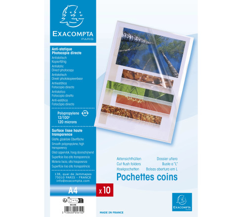 Sachet 10 pochettes coin polypropylène lisse 12/100e - A4