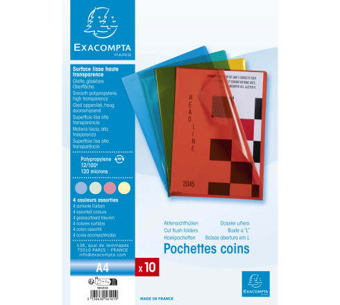 Sachet de 10 pochettes coin polypropylène lisse Premium - A4