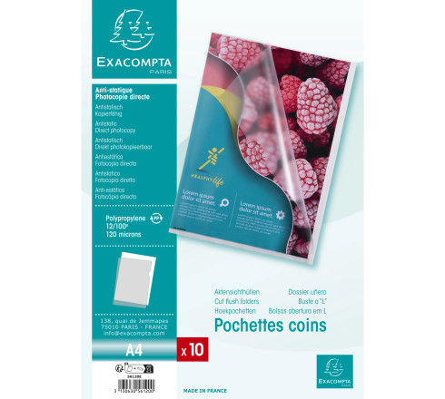 Sachet de 10 pochettes coin polypropylène grainé 12/100e - A4