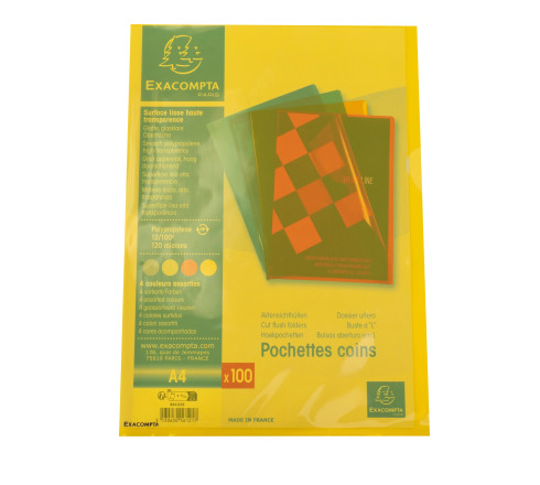 Sachet de 100 pochettes coin polypropylène lisse Premium - A4