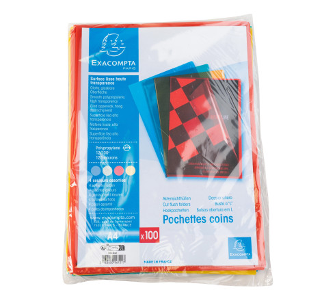 Sachet de 100 pochettes coin polypropylène lisse Premium - A4