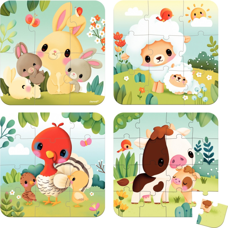 Boite de 4 puzzles progressifs, les animaux de la ferme