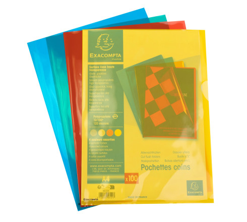 Sachet de 100 pochettes coin polypropylène lisse Premium - A4