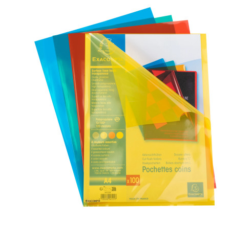 Sachet de 100 pochettes coin polypropylène lisse Premium - A4