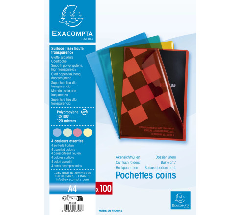 Sachet de 100 pochettes coin polypropylène lisse Premium - A4
