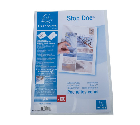 Etui carton de 100 pochettes coin Stop doc polypropylène lisse 11/100e - A4